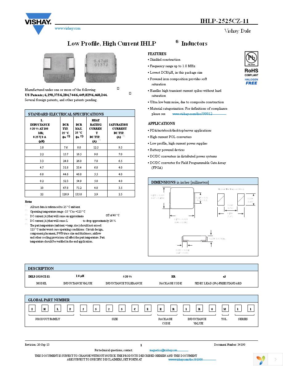 IHLP2525CZER1R0M11 Page 1