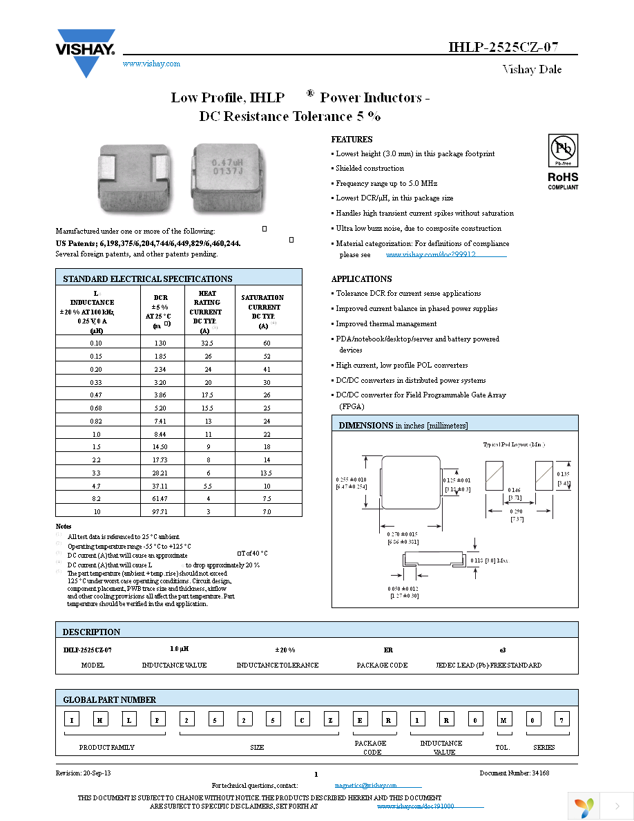 IHLP2525CZERR15M07 Page 1