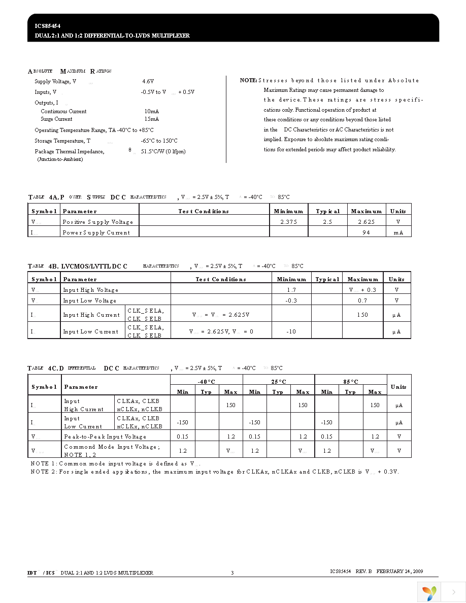 ICS85454AKLFT Page 3