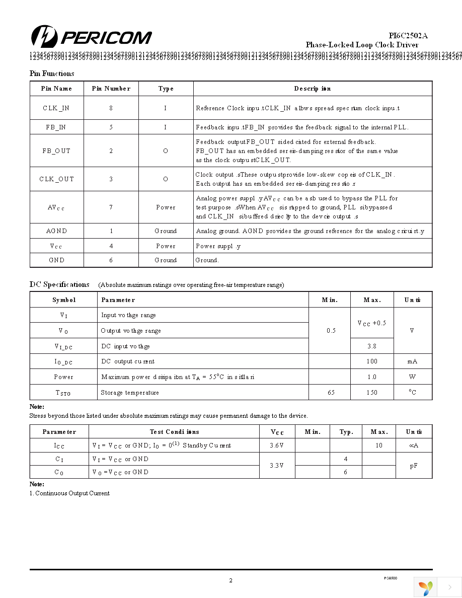 PI6C2502AWE Page 2