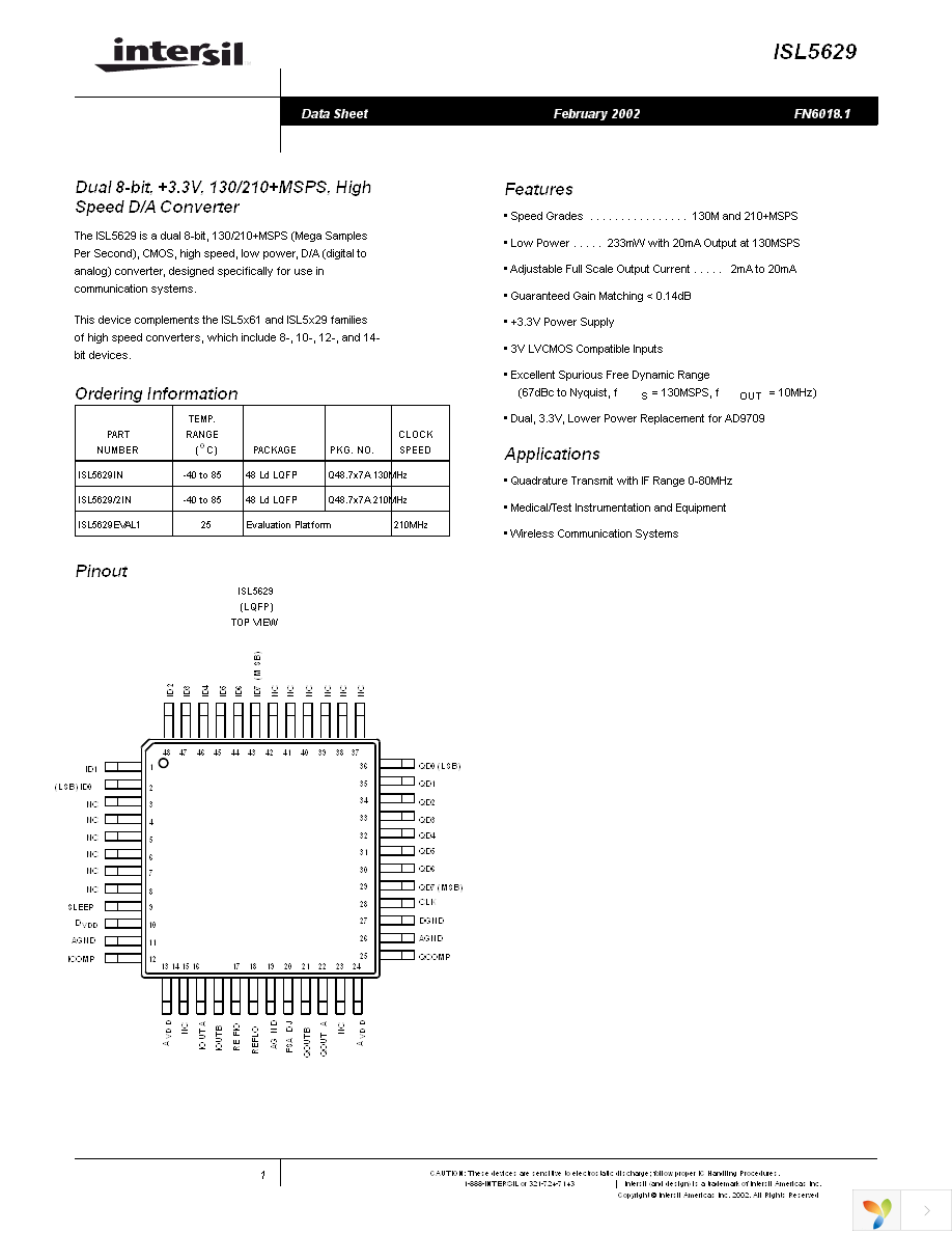 ISL5629INZ Page 1