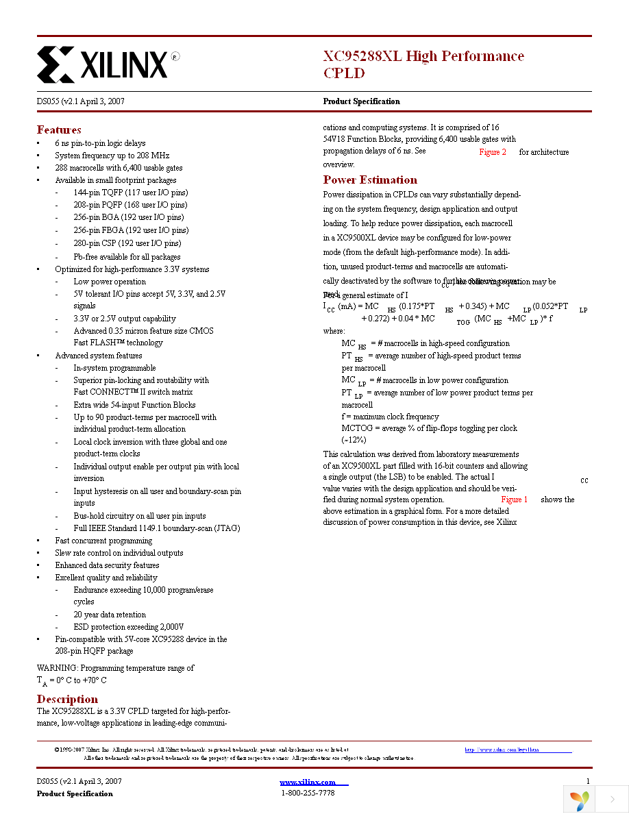 XC95288XL-10TQG144C Page 1