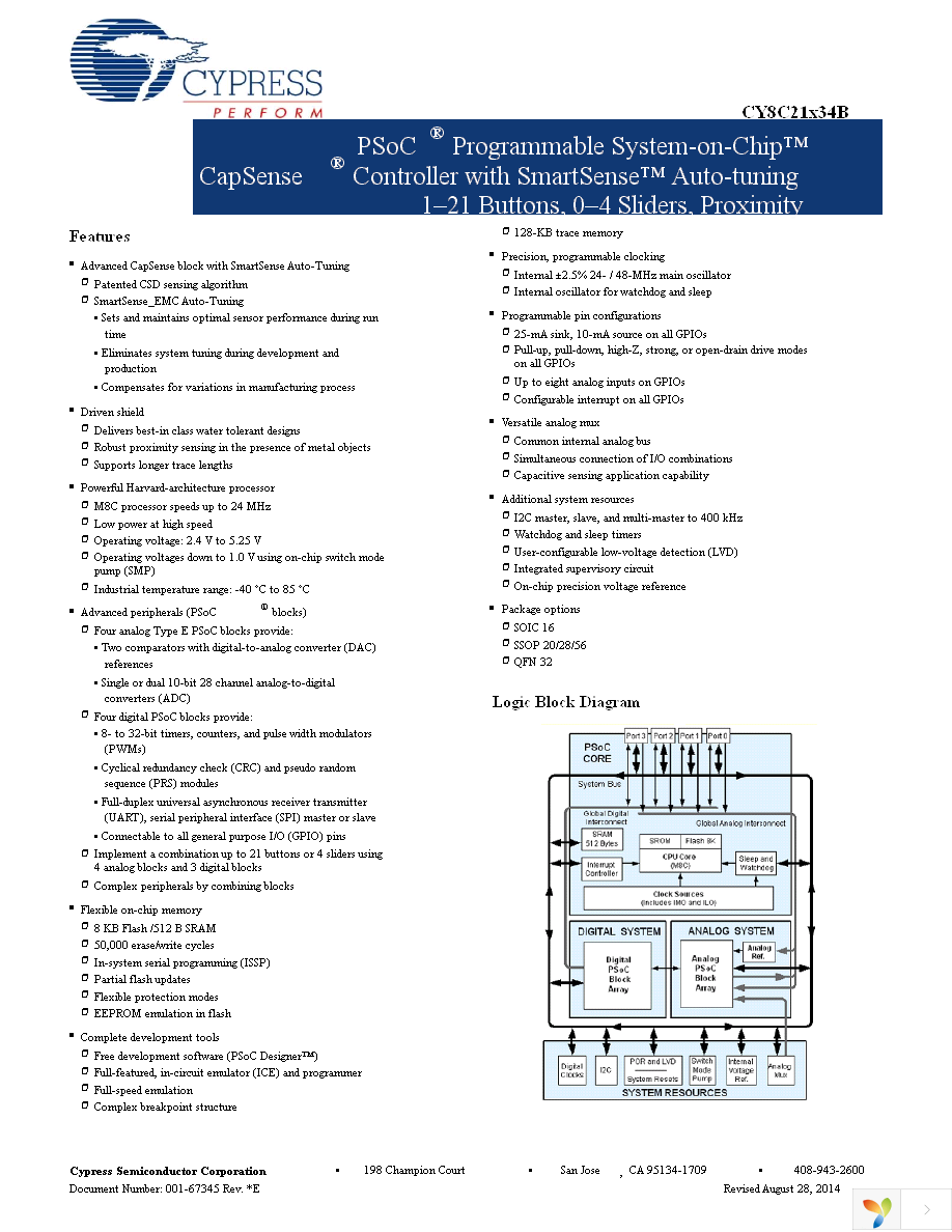 CY8C21334B-24PVXI Page 1