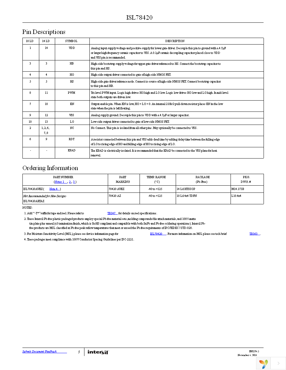 ISL78420ARTAZ Page 3