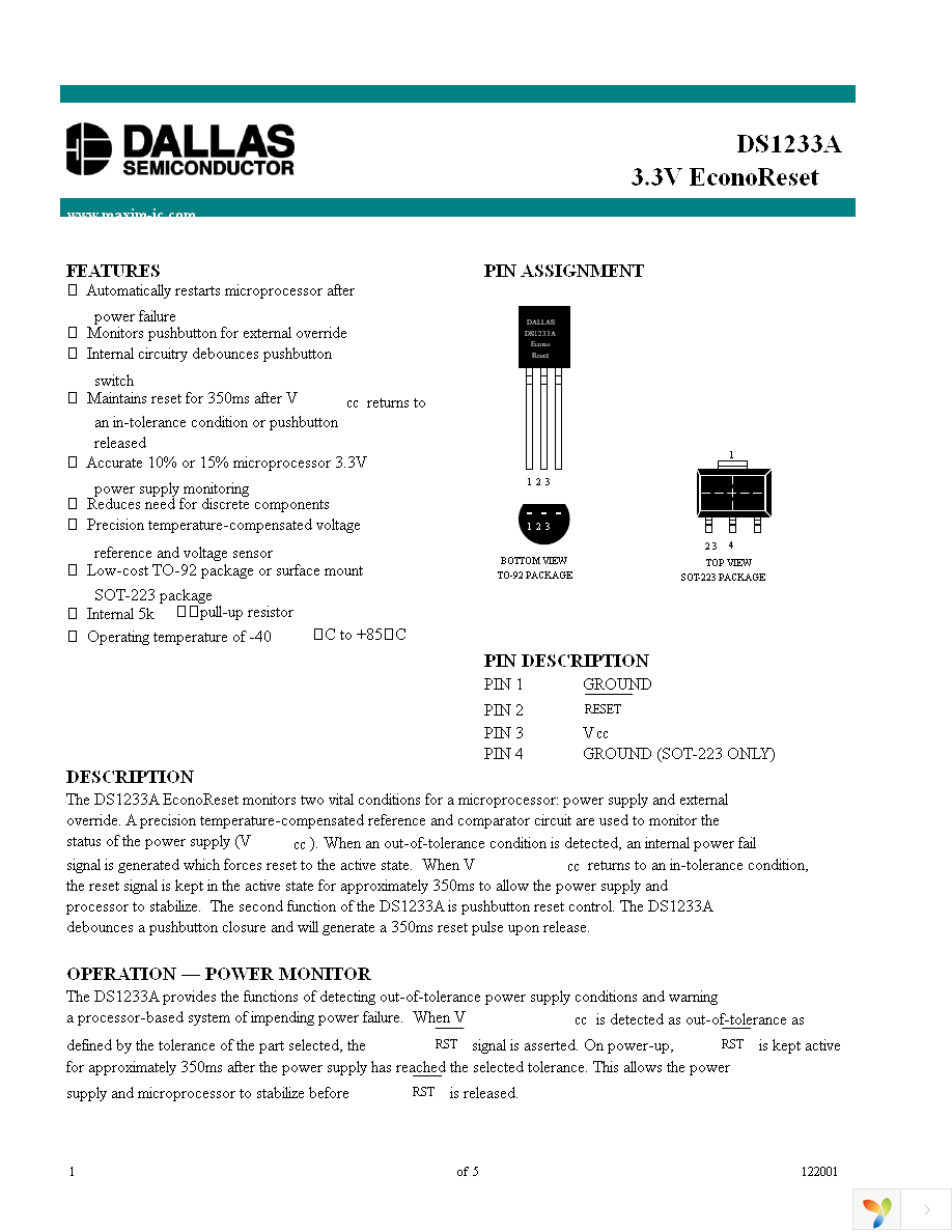 DS1233AZ-10+T&R Page 1