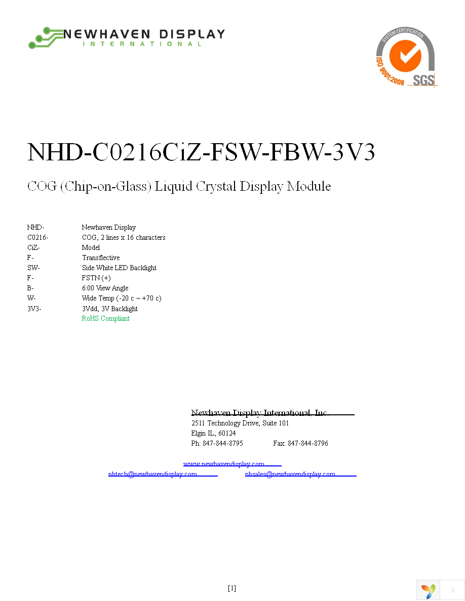 NHD-C0216CIZ-FSW-FBW-3V3 Page 1