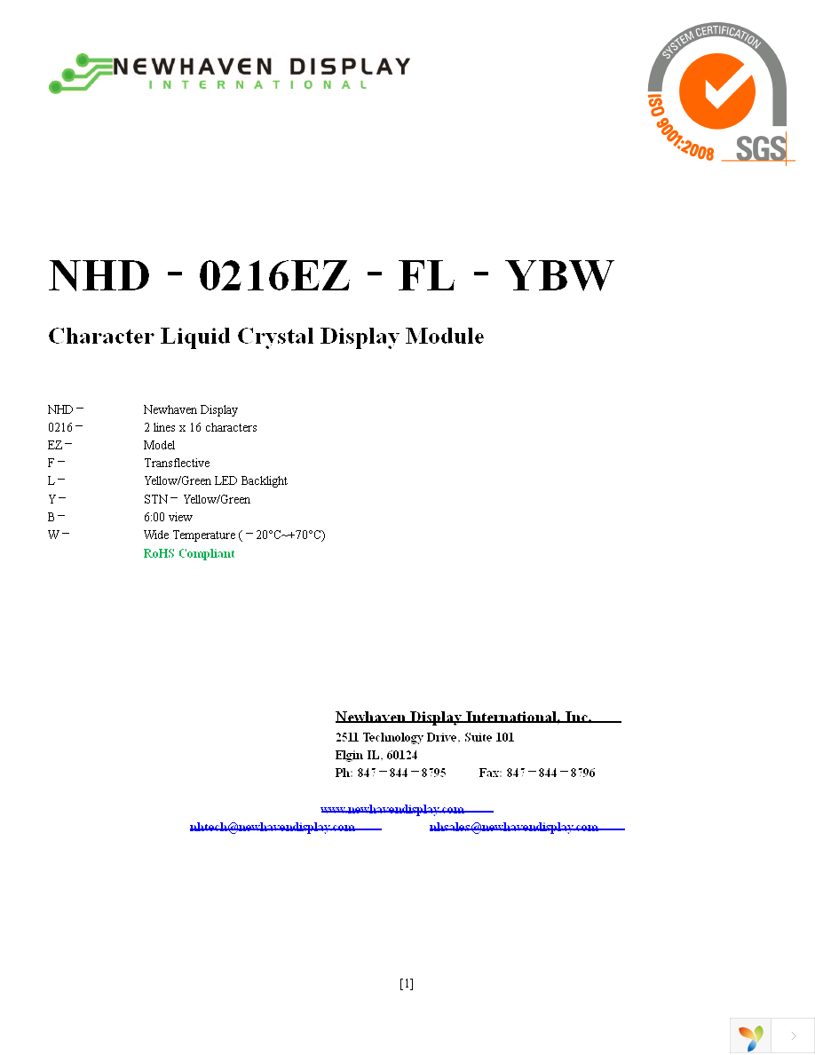 NHD-0216EZ-FL-YBW Page 1