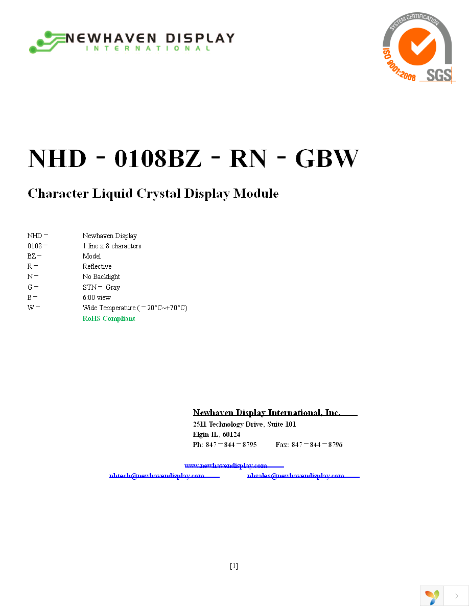 NHD-0108BZ-RN-GBW Page 1