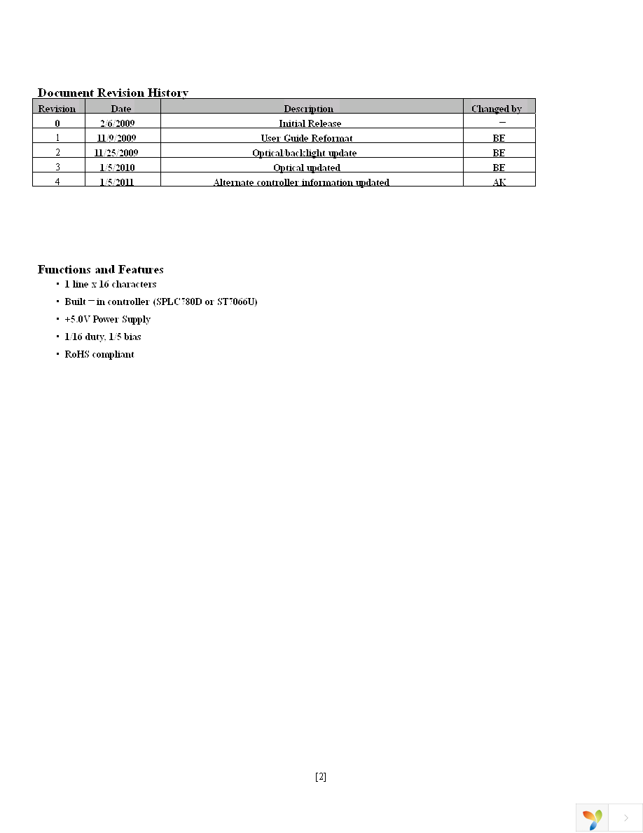 NHD-0116AZ-FL-YBW Page 2