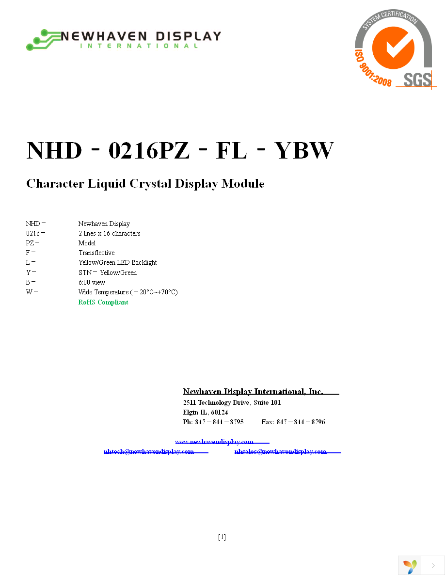 NHD-0216PZ-FL-YBW Page 1