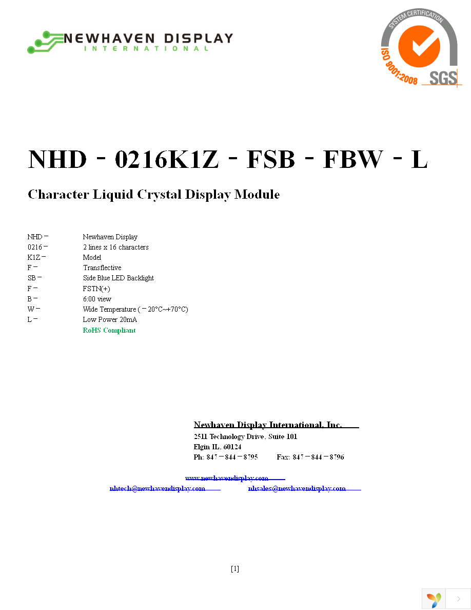 NHD-0216K1Z-FSB-FBW-L Page 1
