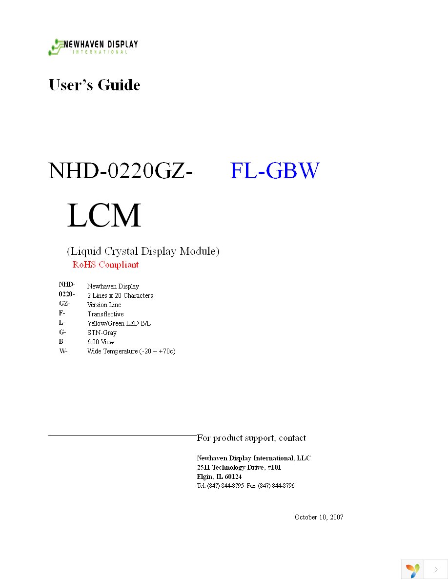 NHD-0220GZ-FL-GBW Page 1