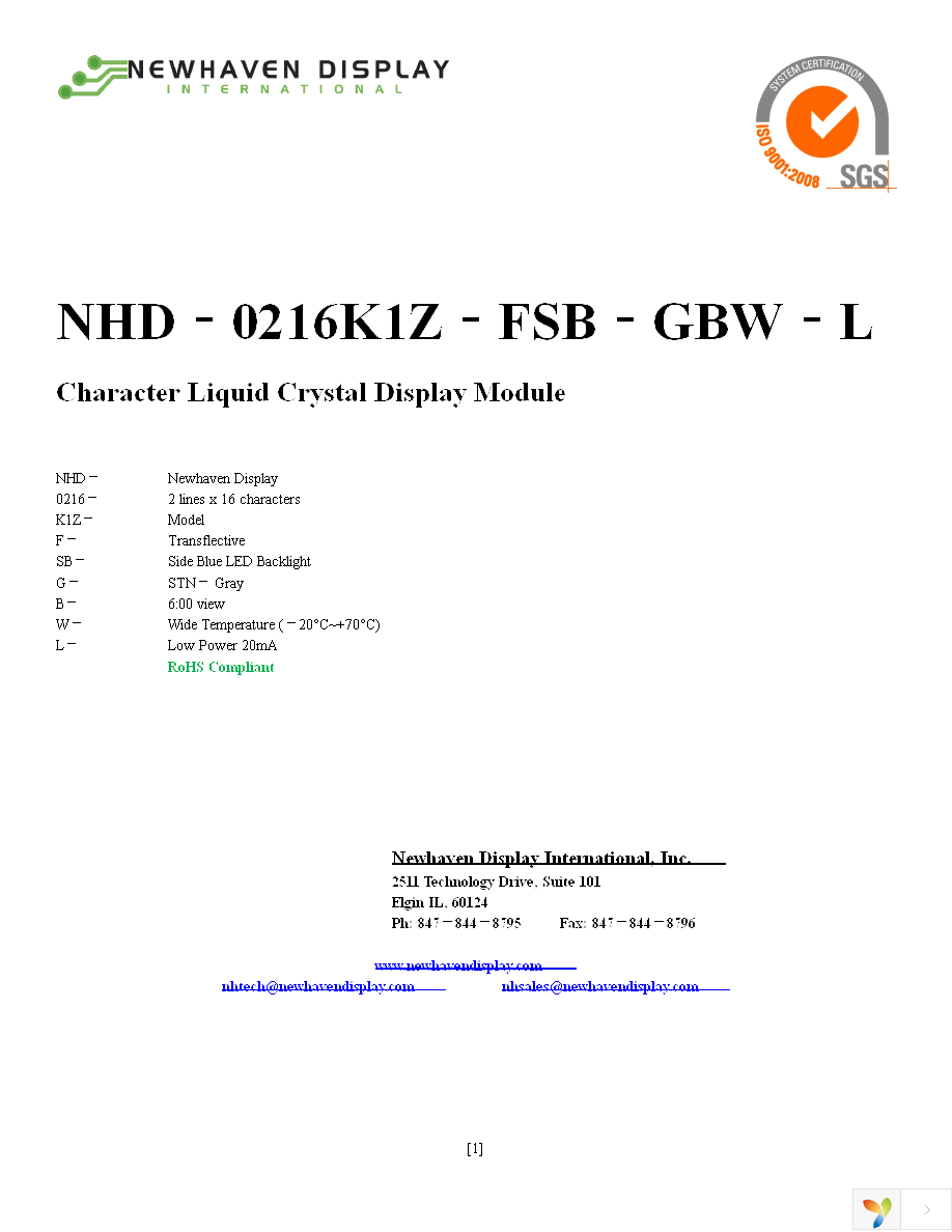NHD-0216K1Z-FSB-GBW-L Page 1
