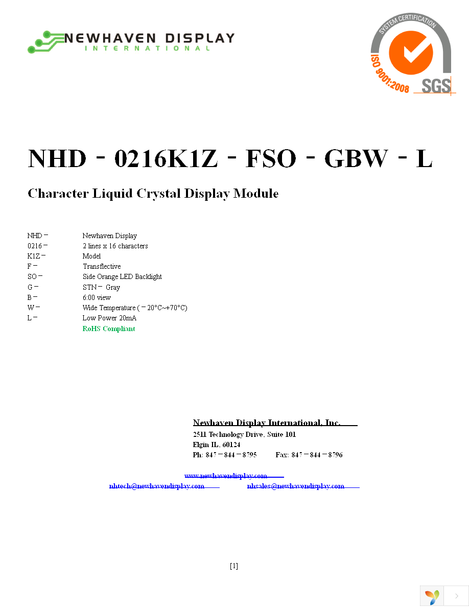 NHD-0216K1Z-FSO-GBW-L Page 1