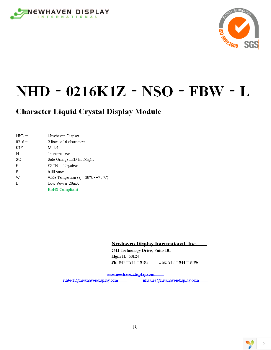 NHD-0216K1Z-NSO-FBW-L Page 1