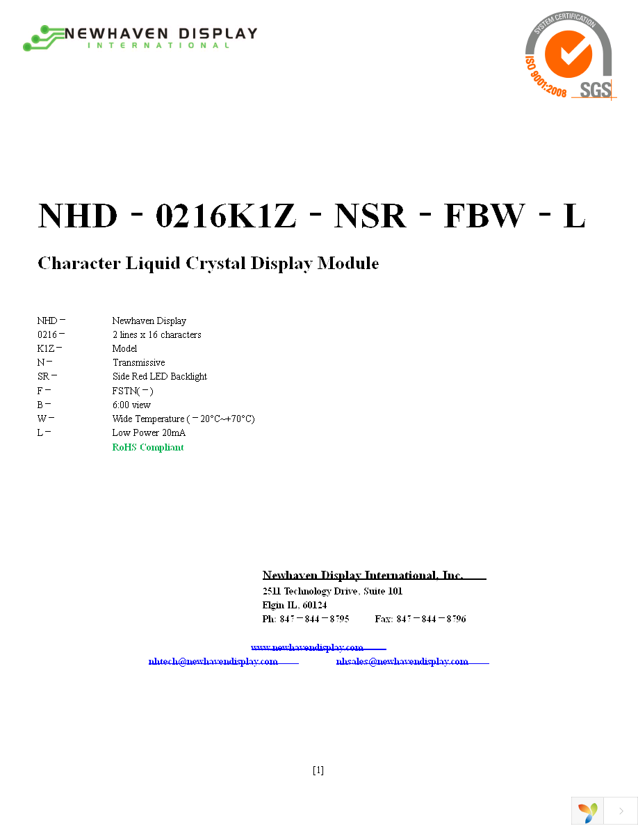 NHD-0216K1Z-NSR-FBW-L Page 1