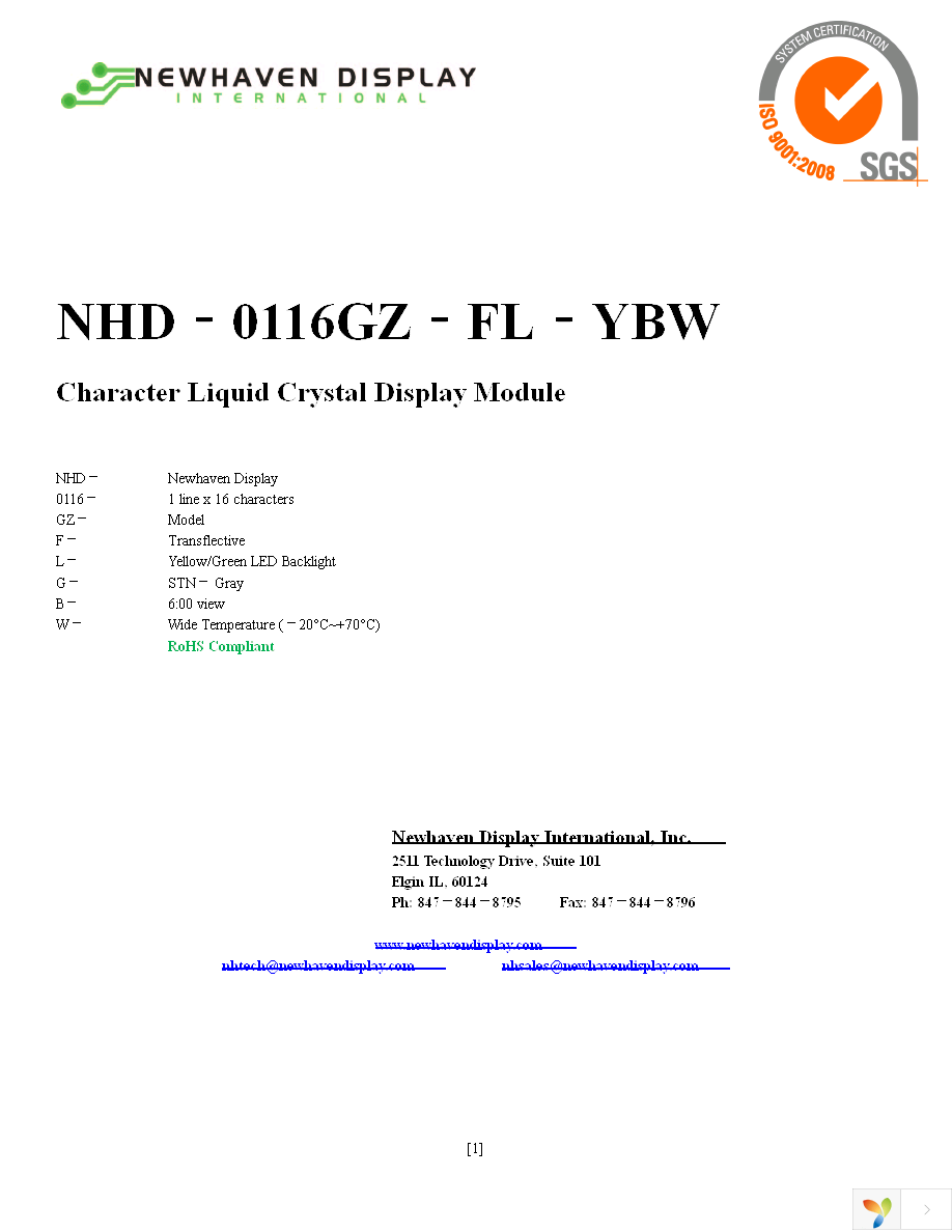 NHD-0116GZ-FL-GBW Page 1