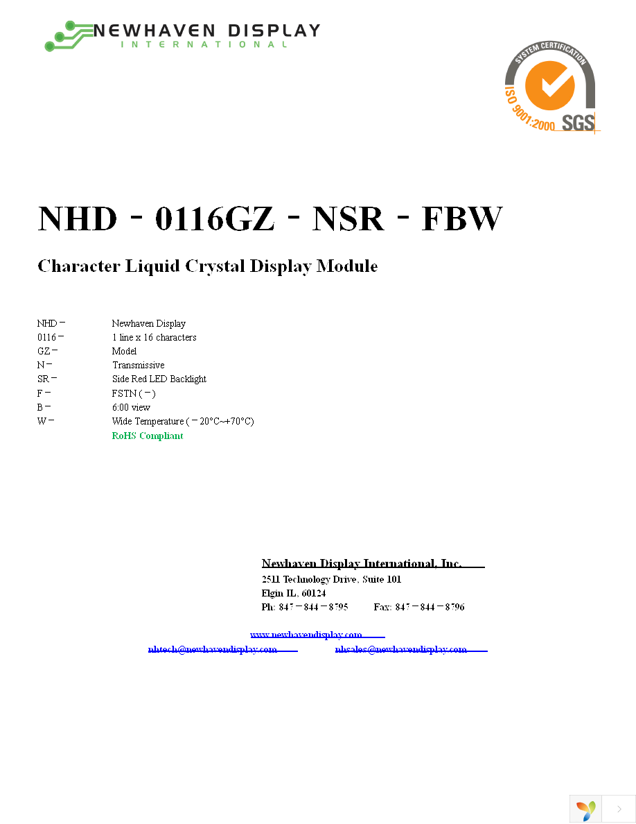 NHD-0116GZ-NSR-FBW Page 1