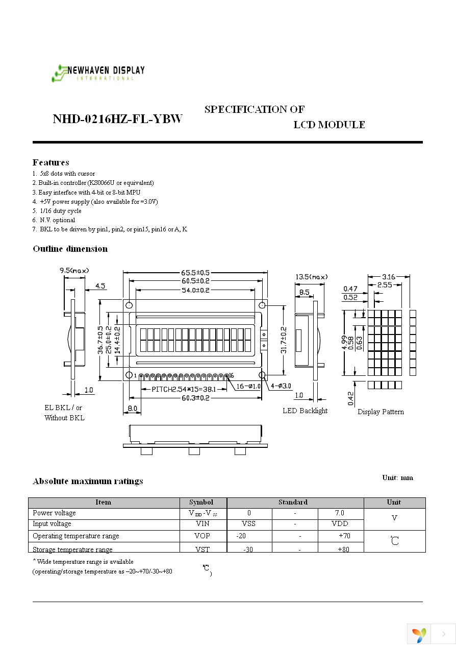 NHD-0216HZ-FL-YBW Page 2