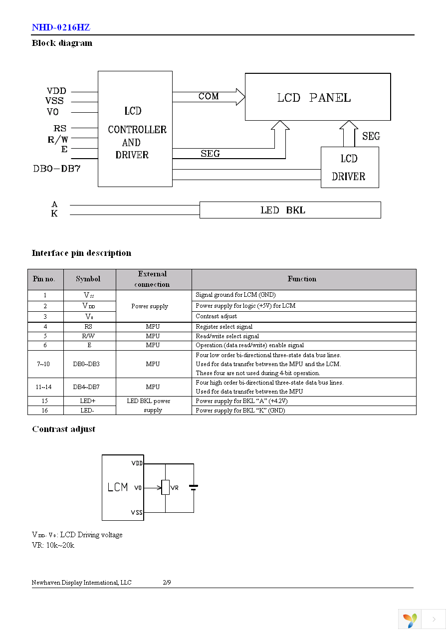 NHD-0216HZ-FL-YBW Page 3