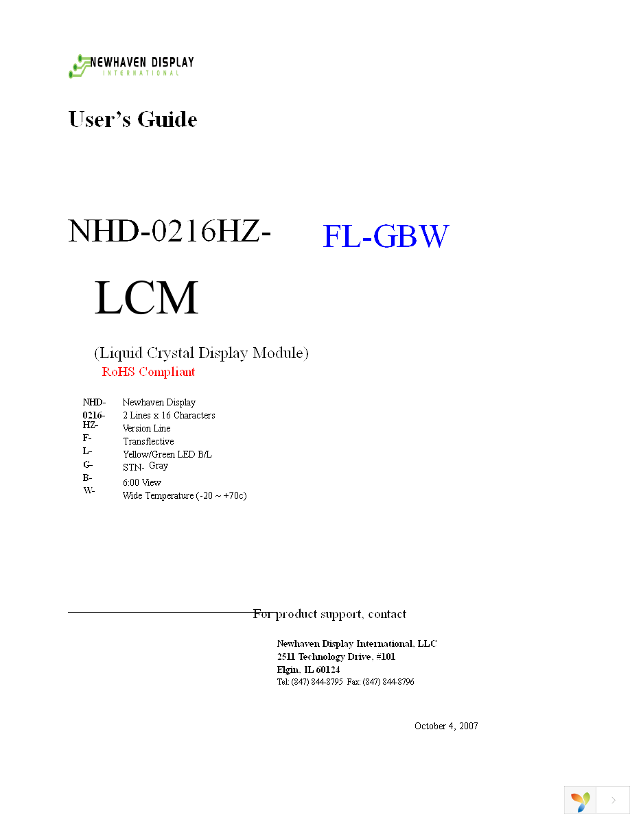 NHD-0216HZ-FL-GBW Page 1
