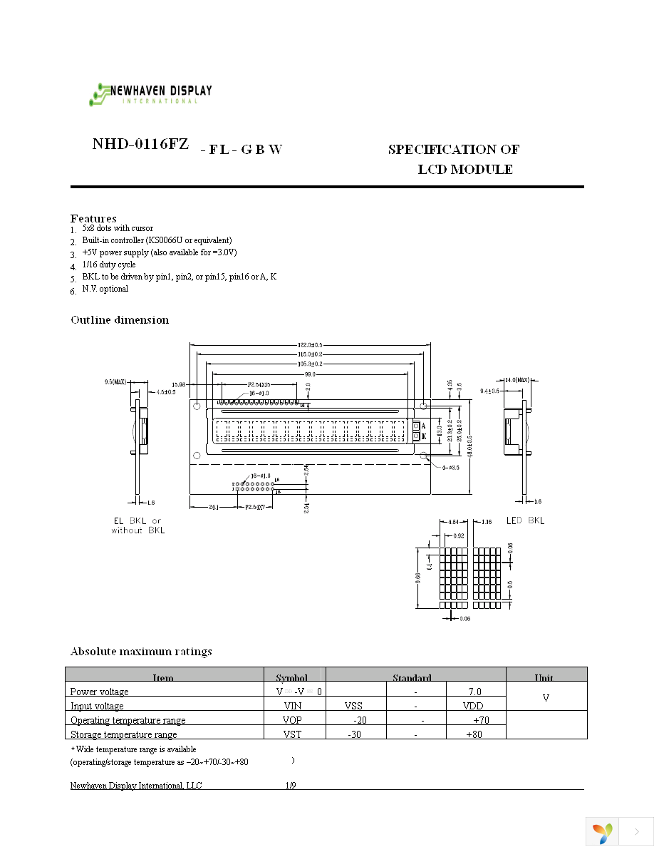 NHD-0116FZ-FL-GBW Page 2