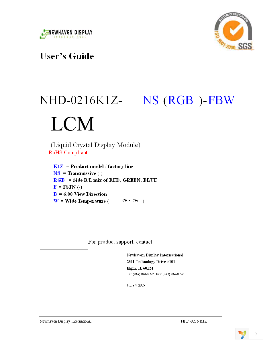 NHD-0216K1Z-NS(RGB)-FBW Page 1