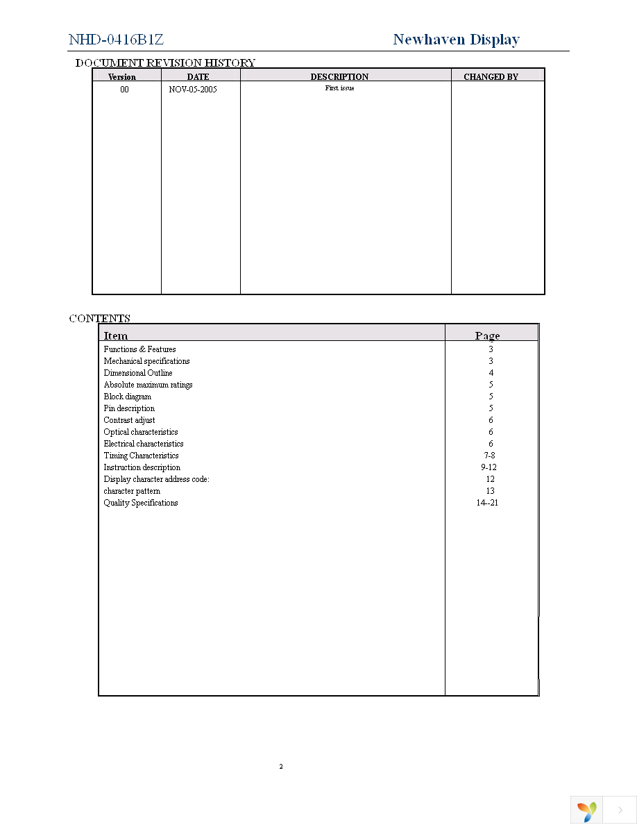 NHD-0416B1Z-FSPG-YBW-L-3V Page 2