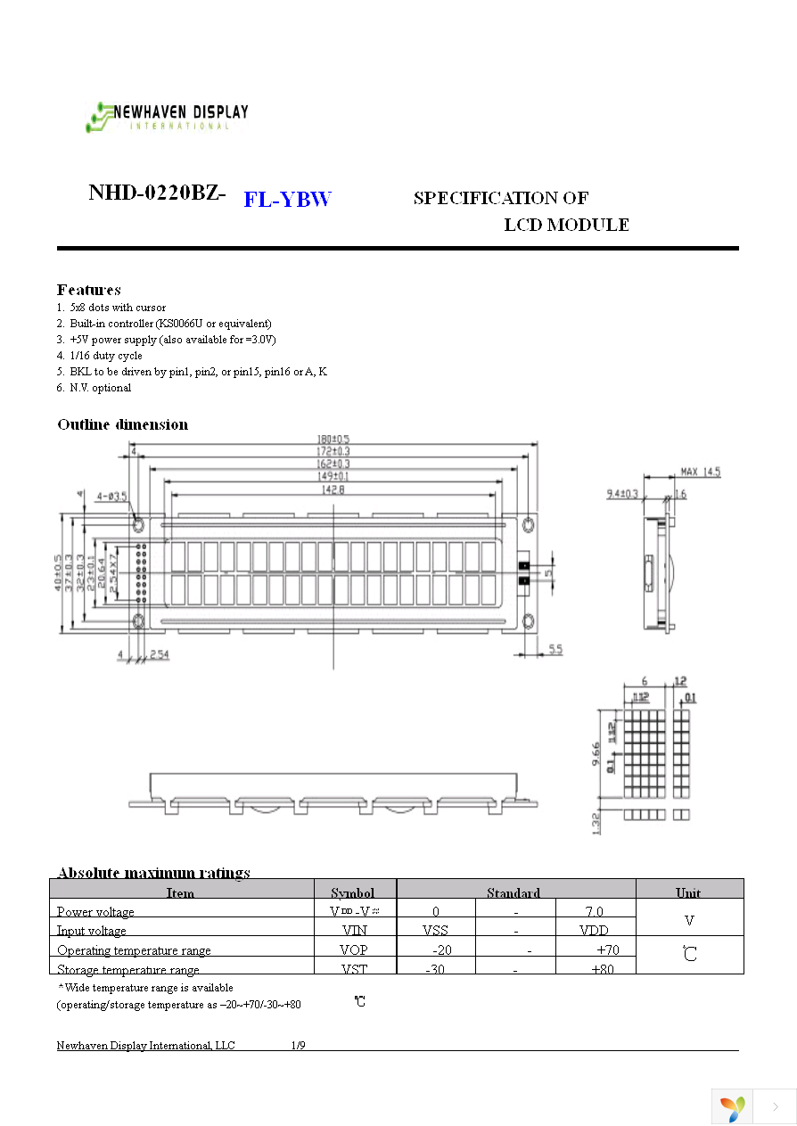 NHD-0220BZ-FL-YBW Page 2