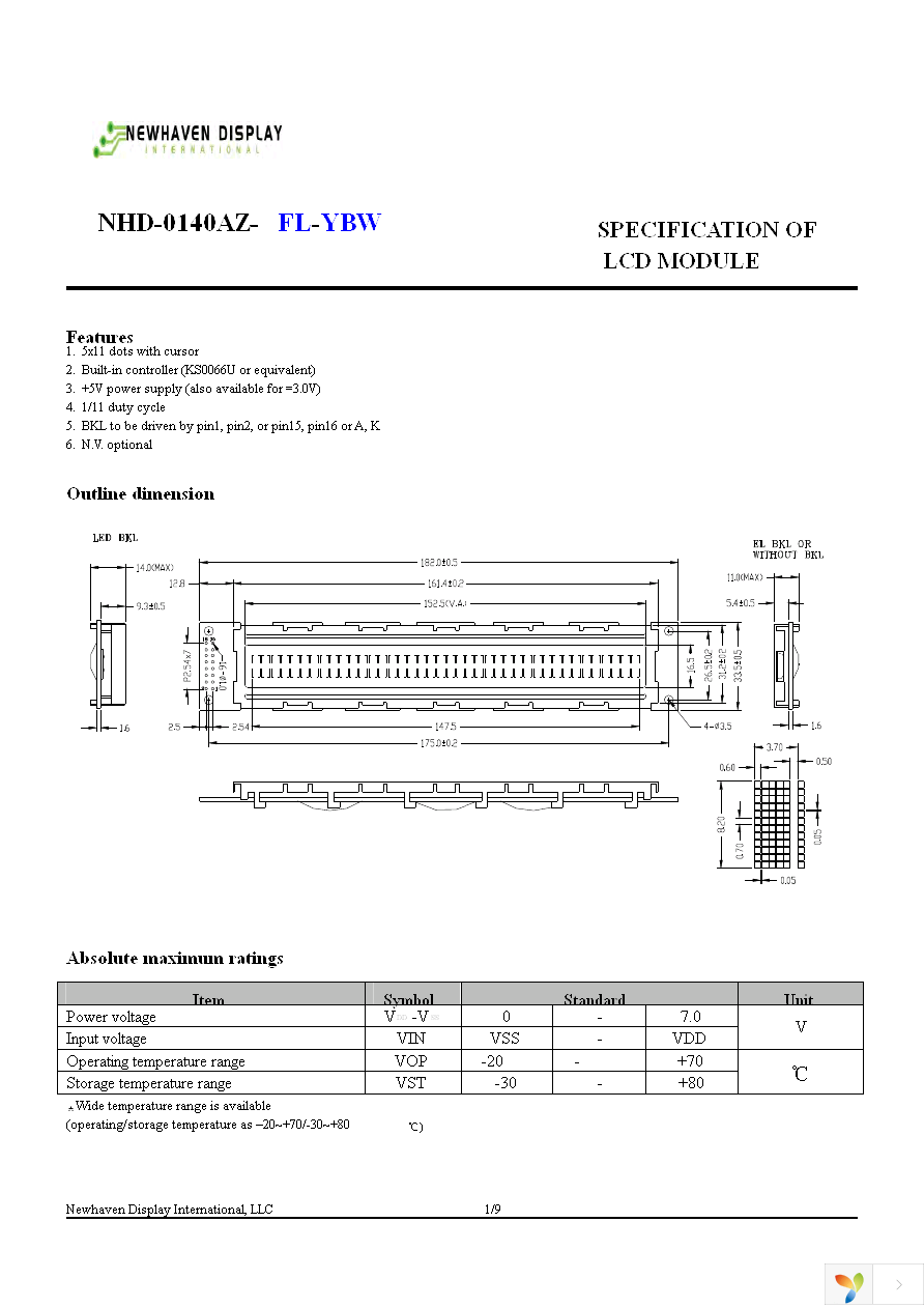 NHD-0140AZ-FL-YBW Page 2