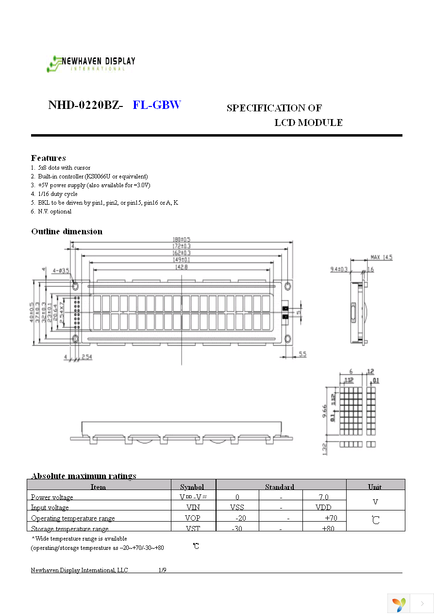 NHD-0220BZ-FL-GBW Page 2