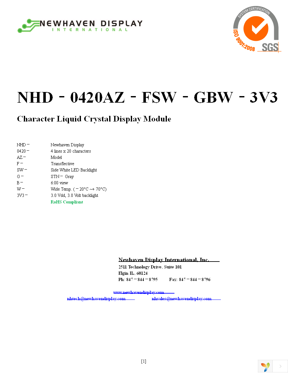 NHD-0420AZ-FSW-GBW-3V3 Page 1