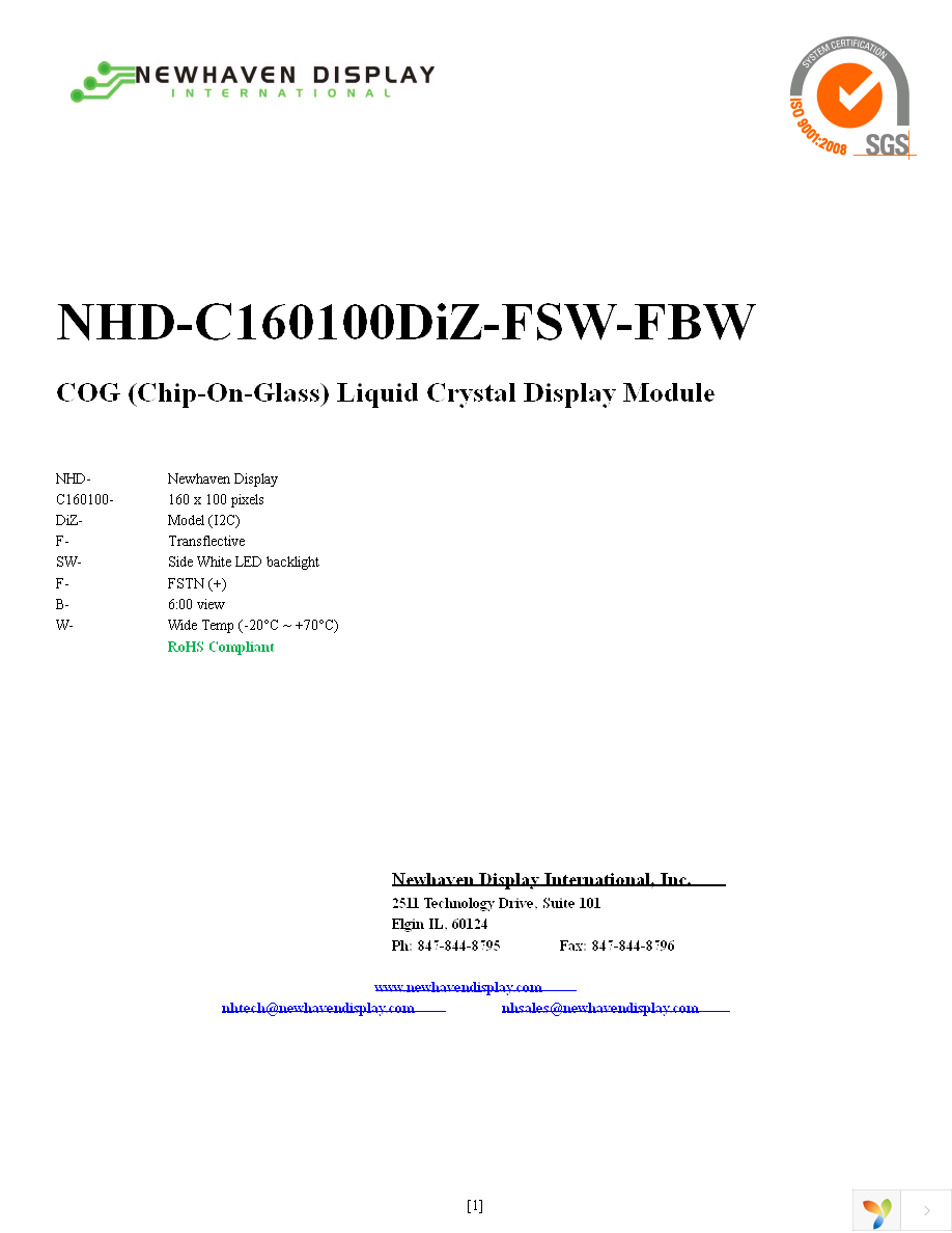 NHD-C160100DIZ-FSW-FBW Page 1