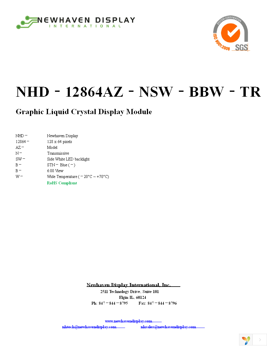NHD-12864AZ-NSW-BBW-TR Page 1