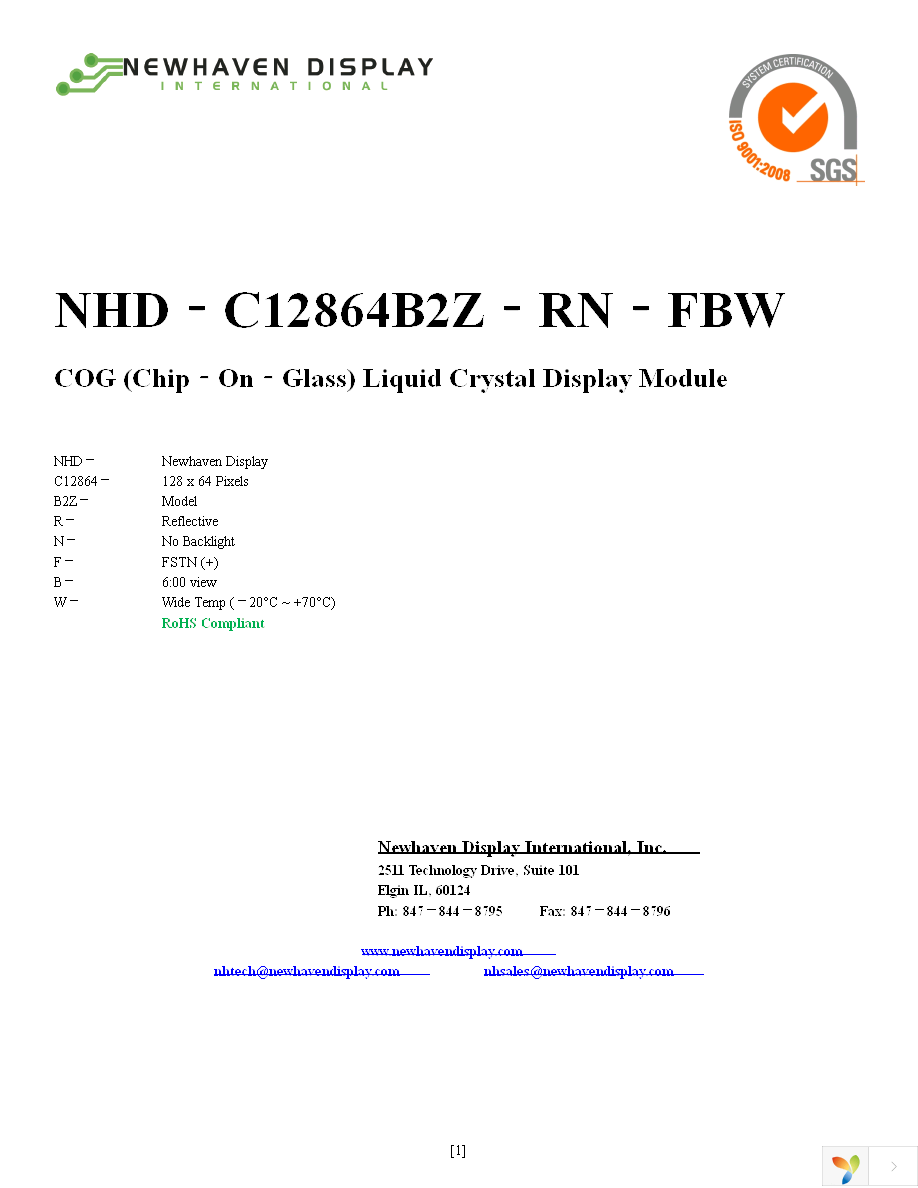 NHD-C12864B2Z-RN-FBW Page 1