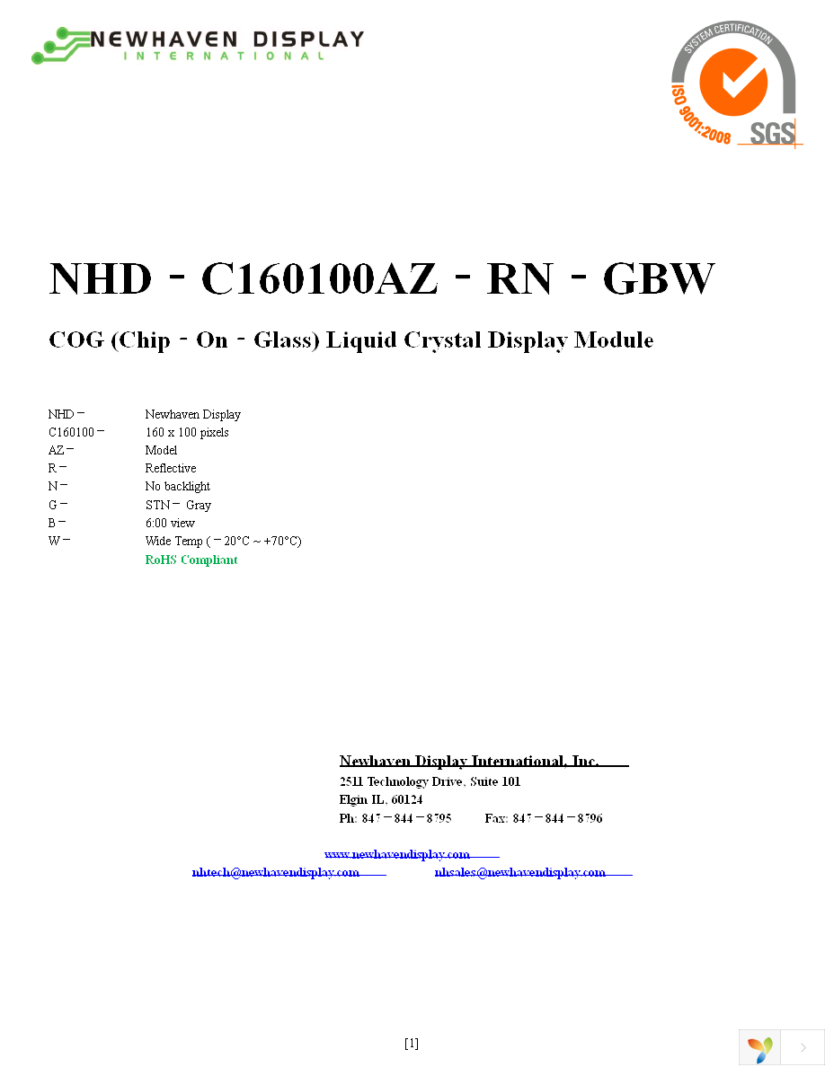 NHD-C160100AZ-RN-GBW Page 1