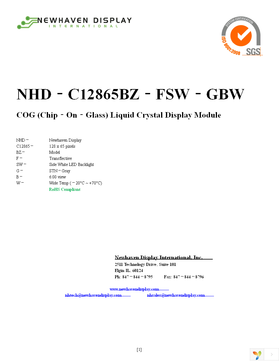 NHD-C12865BR-FSW-GBW Page 1