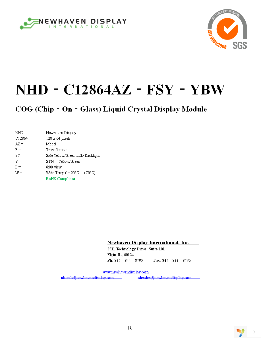NHD-C12864AZ-FSY-YBW Page 1