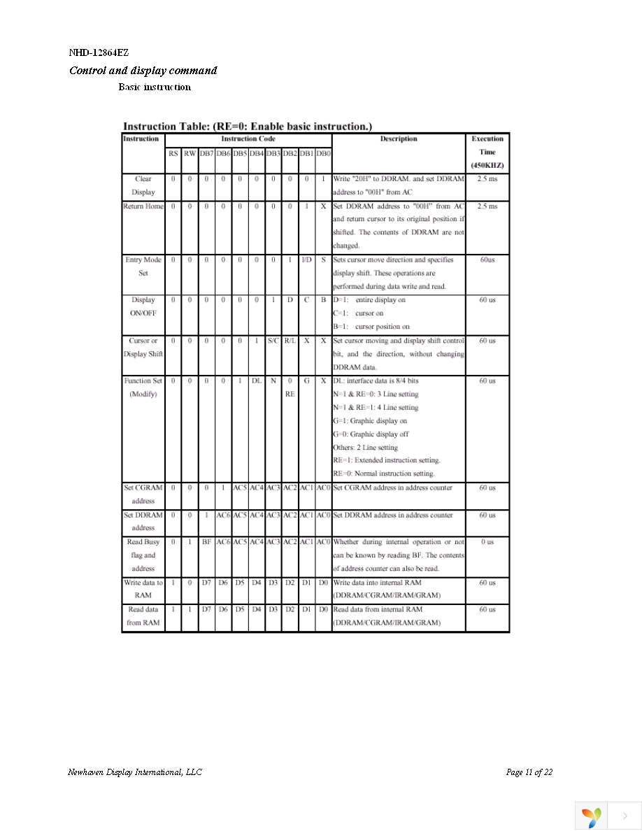 NHD-12864EZ-FL-YBW Page 11