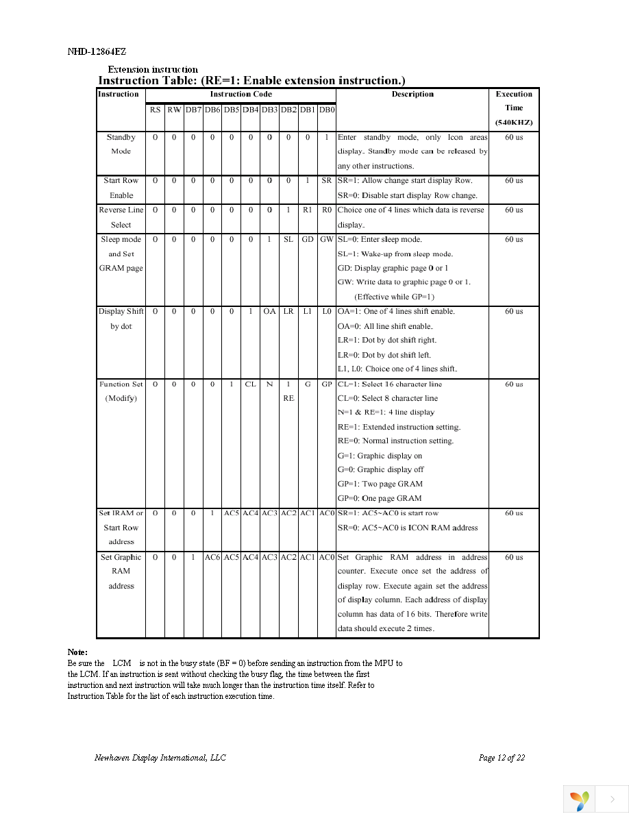 NHD-12864EZ-FL-YBW Page 12