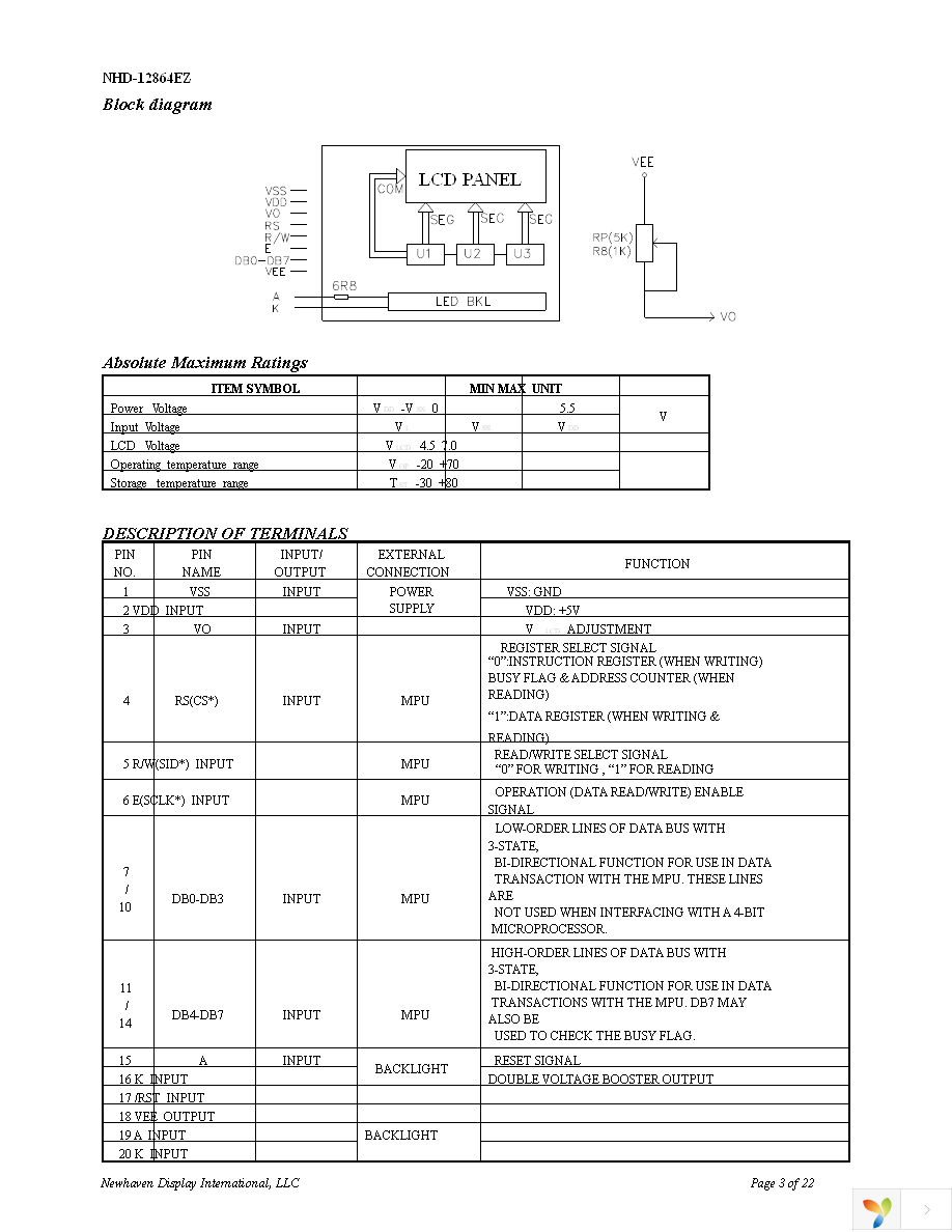 NHD-12864EZ-FL-YBW Page 3