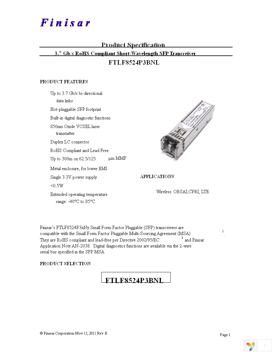 FTLF8524P3BNL Page 1