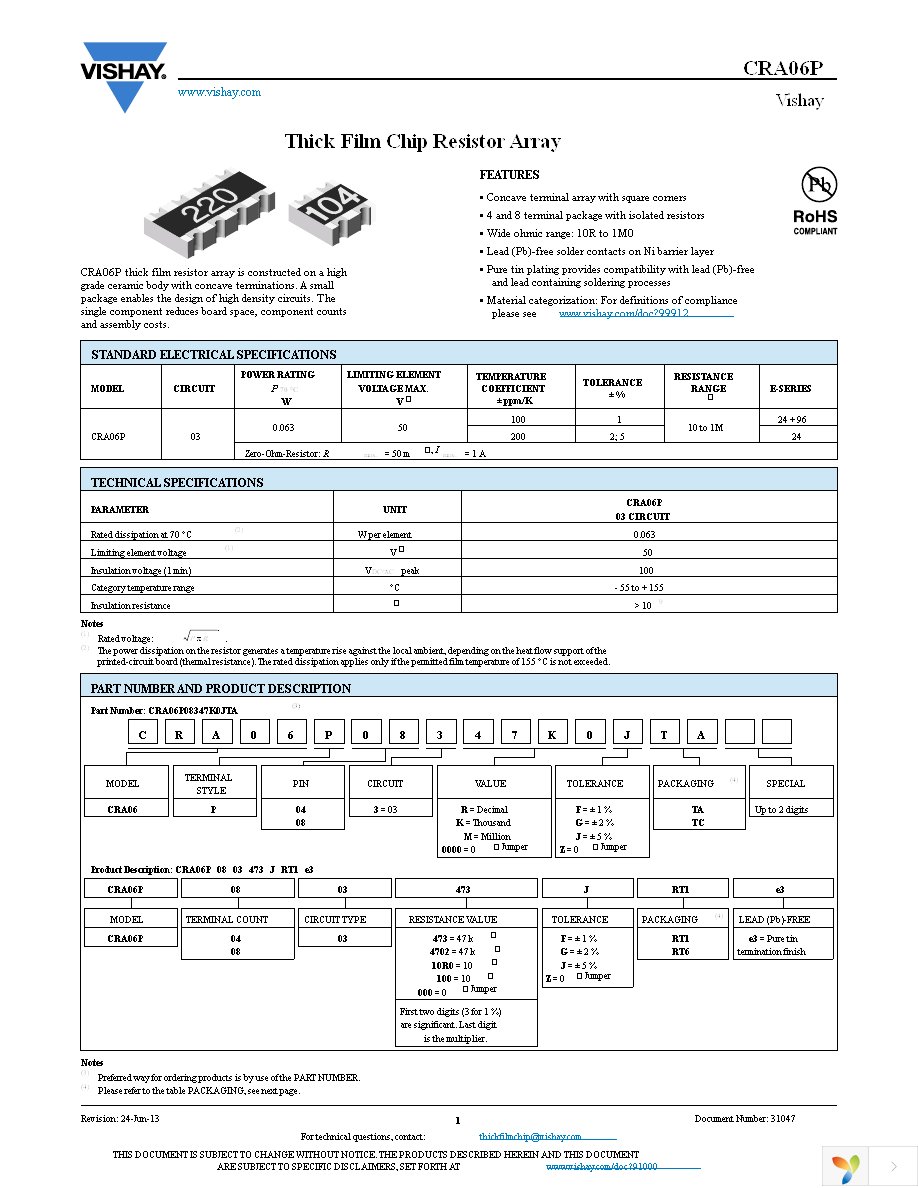 CRA06P0831K00JTA Page 1