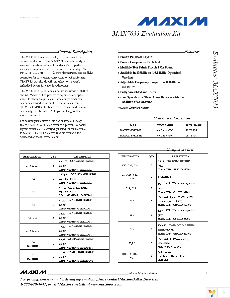 MAX7033EVKIT-433 Page 1