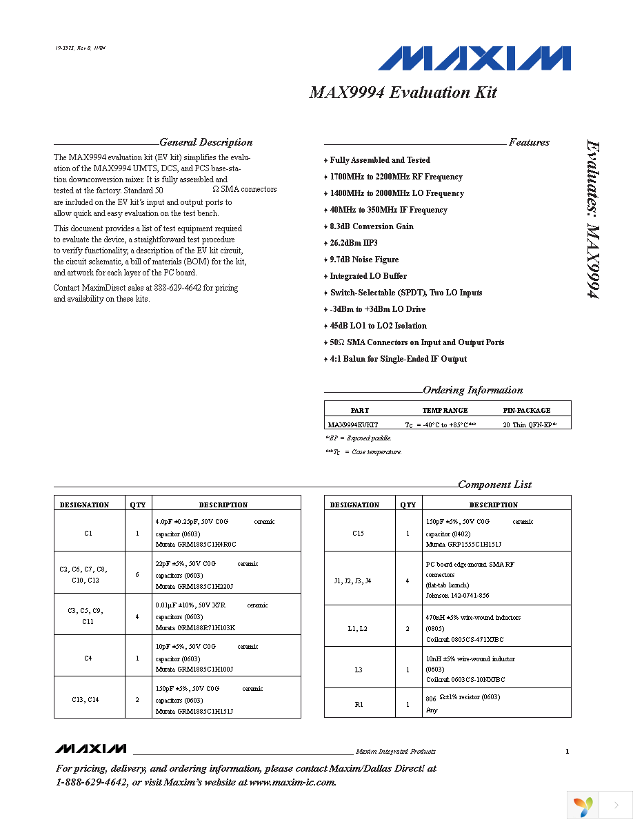 MAX9994EVKIT Page 1