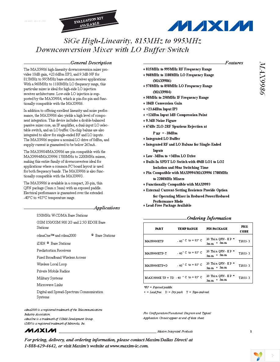 MAX9986ETP+ Page 1