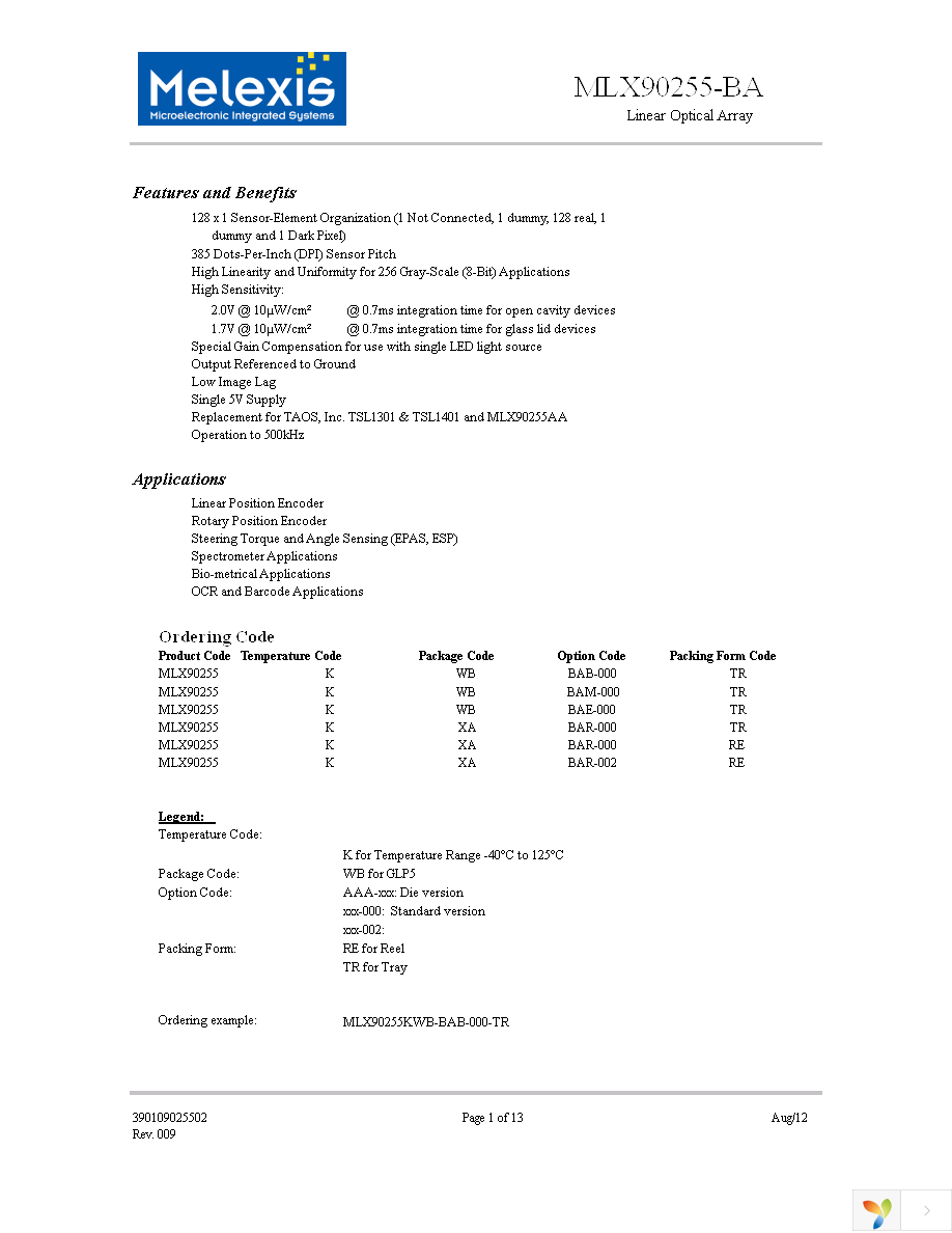 MLX90255KWB-BAM-000-TR Page 1